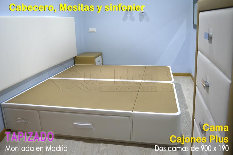 Dos camas de 90x190 con cajones, cabecero blanco, mesitas y sifonier tapizado en dorado y blanco montado Madrid