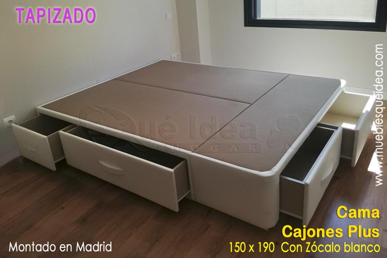 Cama con 6 cajones retranqueados modelo Cajones plus tapizado color blanco montada en Madrid