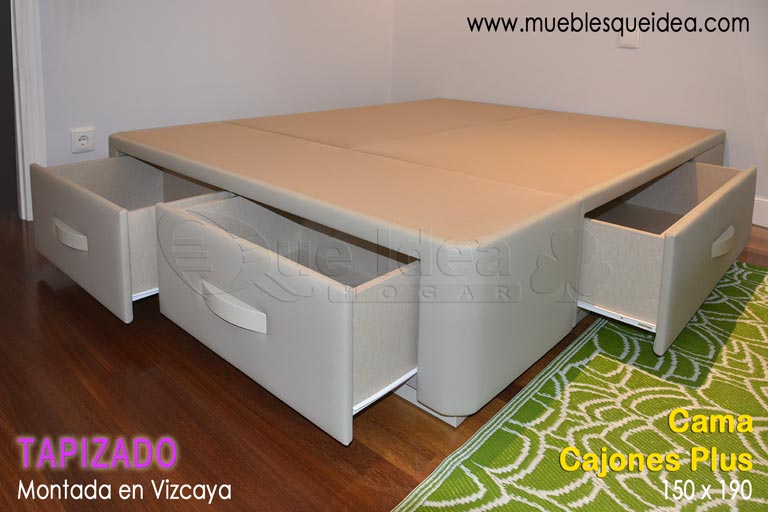 Cama grande con 6 cajones tapizada en color ceniza de 150x190 montada en Vizcaya