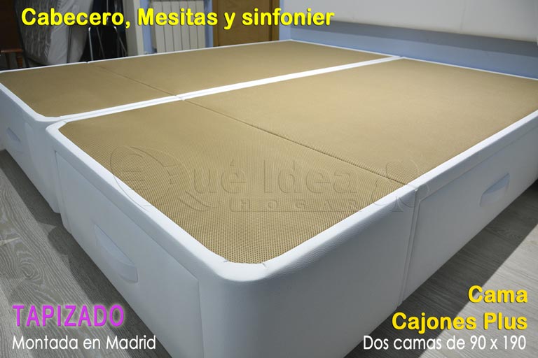 Detalle del montaje realizado en Madrid de dos camas con cajones Plus de 90x190 para dormitorio completo tapizado con cabecero, mesitas y sifonier