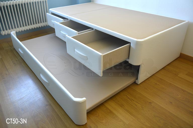 Cama de uso individual con 3 cajones sobre un nido arrastre con base tapizada