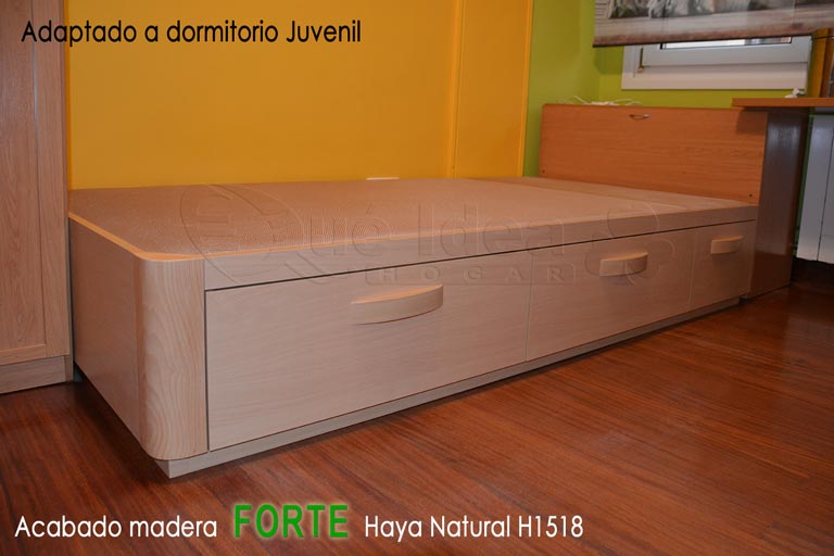 Cama individual para dormitorio juvenil con cajones color Haya Natural