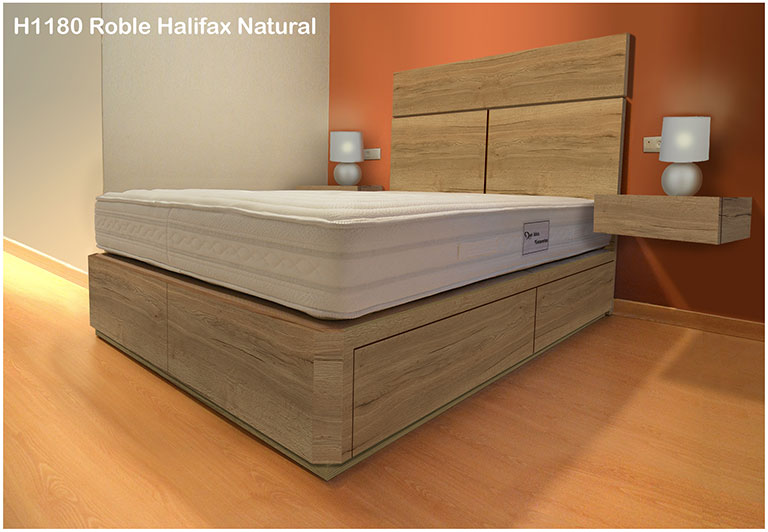 cama con cajones, mesitas y cabecero en color ROBLE HALIFAX H1180
