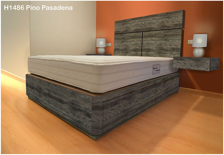 cama con cajones, mesitas y cabecero en color PINO PASADENA H1486
