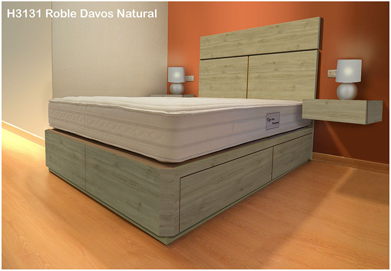 cama con cajones, mesitas y cabecero en color ROBLE DAVOS NATURAL H3131