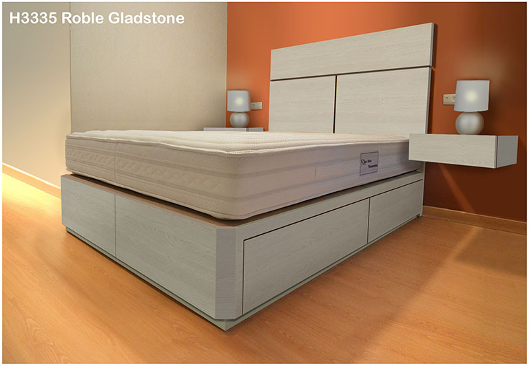 cama con cajones, mesitas y cabecero en color ROBLE GLADSTONE BLANCO H3335