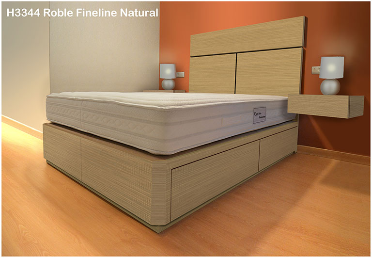 cama con cajones, mesitas y cabecero en color ROBLE FINELINE NATURAL H3344