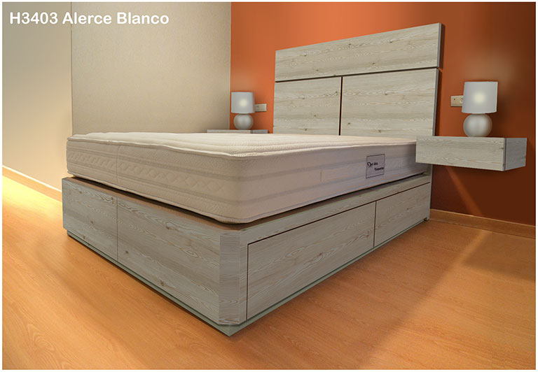 cama con cajones, mesitas y cabecero en color ALERCE BLANCO H3403