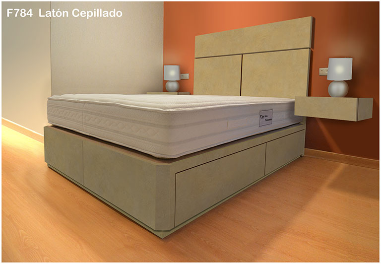 cama con cajones, mesitas y cabecero en color LATON CEPILLADO F784